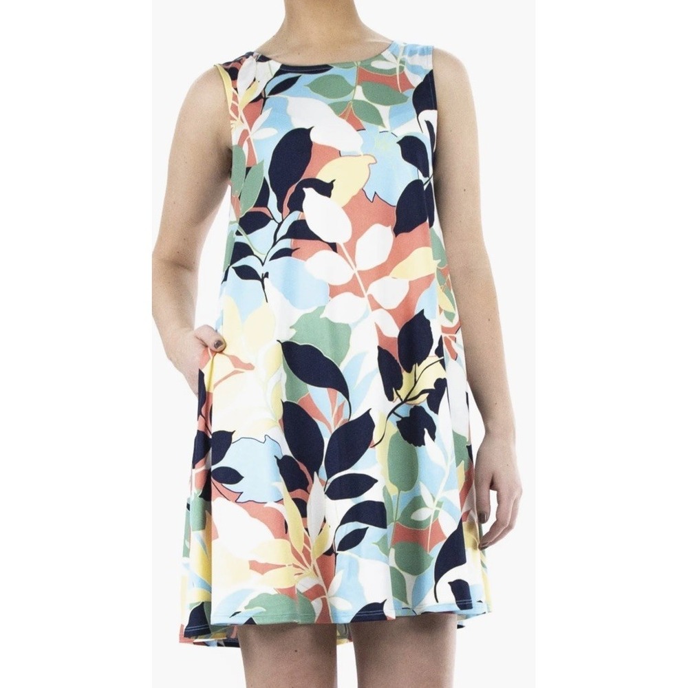 Nina Leonard Womens Scoop Neck Floral Sleeveless Trapeze Swing Dress Pockets M